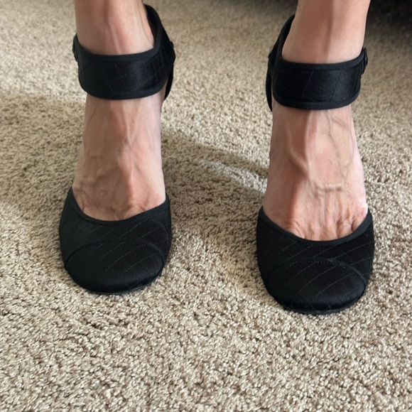 Authentic Chanel black satin heels with round toe and ankle button closure. - Picture 10 of 10